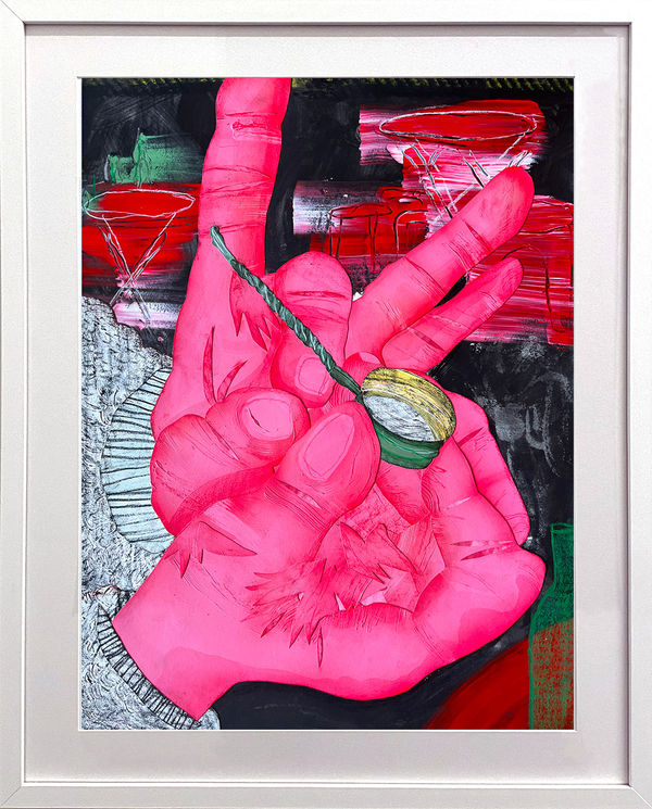 framed David Heo collage of red hands holding a bottle cap