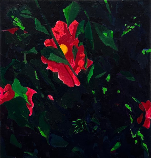 painting of bright pink flowers over a lush dark green with hints of brighter green leaves throughout