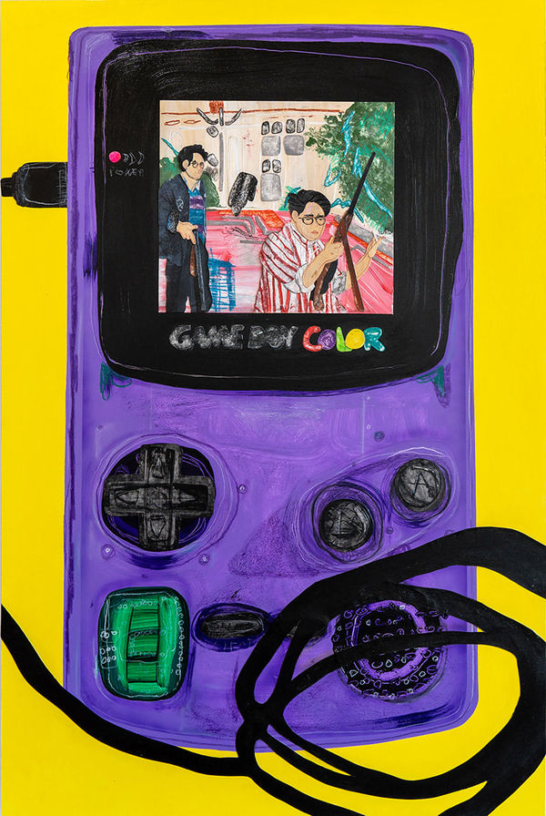 painted collage of purple gameboy device