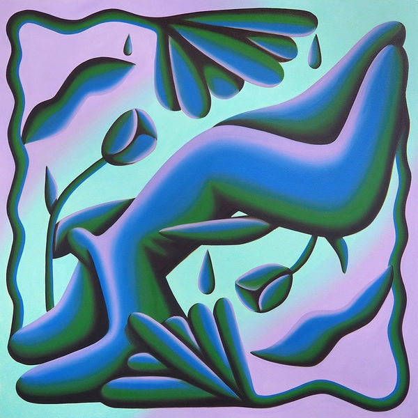 painting by Jocelyn Tsaih of a blue, purple, and green figure diving framed by flowers on a purple and light blue background