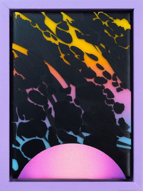 yellow, pink, and blue backgroudn with black splatter type pattern covering it and a pink half circle on the bottom