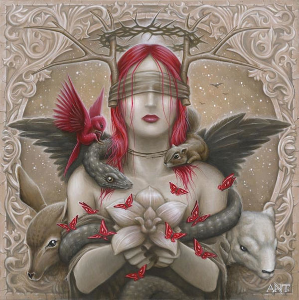Anthony Clarkson painting of woman blindfolded with animals and wings