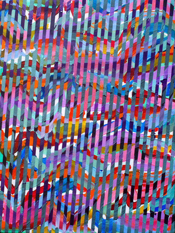 Rebecca Kaufman's painting of a geomatic pattern with rainbow colors