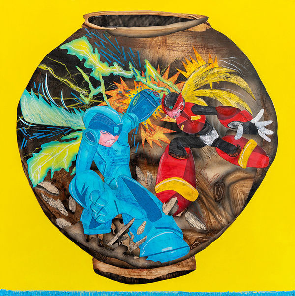 collage of a vase depicting cartoon characters fighting on a yellow background