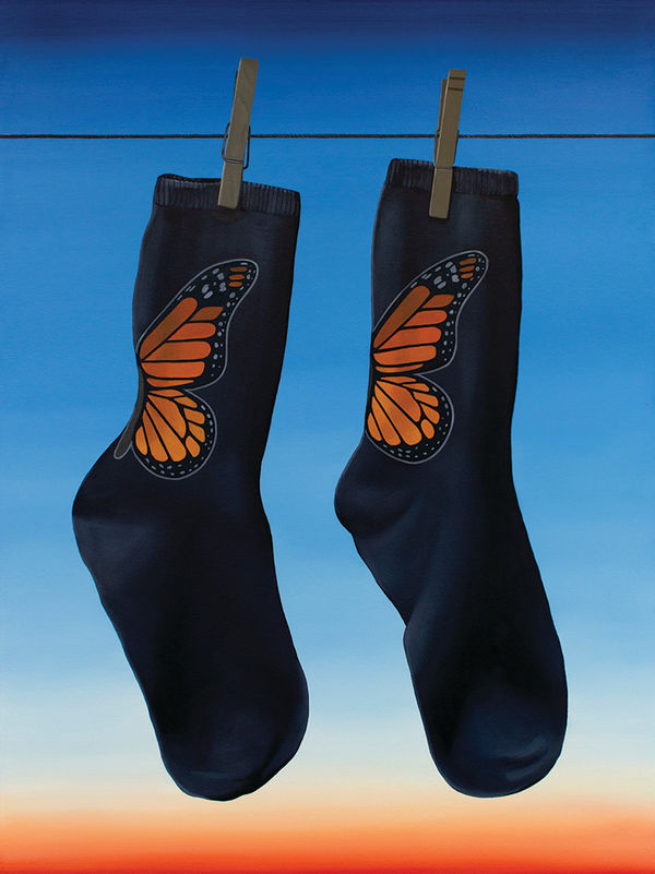 Two socks with a butterfly on the back hanging on a clothesline with a sunset in the background