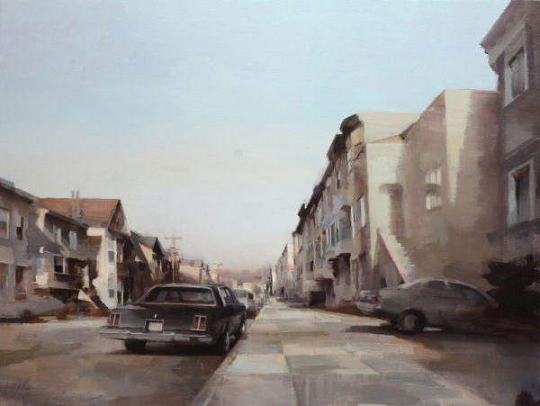 painting of a car parked on a city block in San Francisco - neutral tones