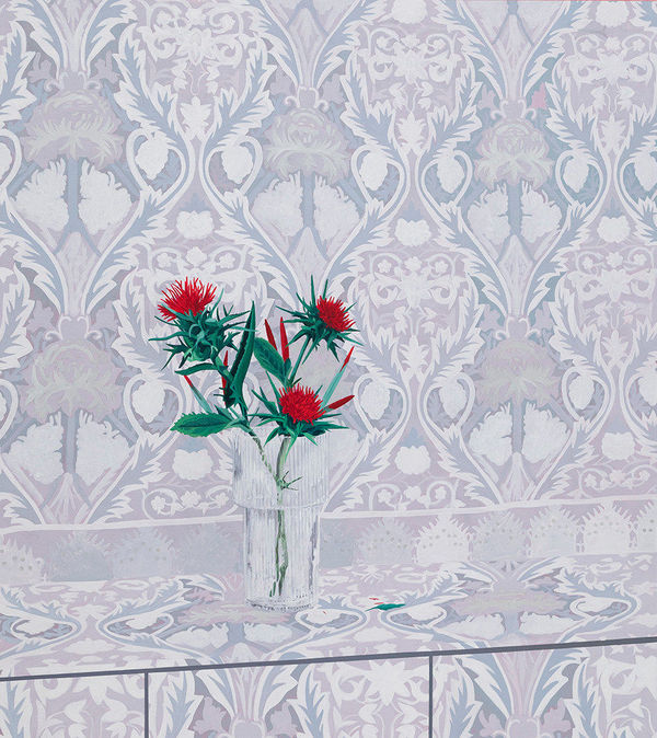 Painting of red flowers in a clear vase on a surface that blends into the walls in the back. The walls and flat surface are covered in a white and gray design.