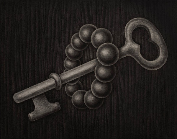 Angela Fang Zirbes painting of skeleton key and beaded bracelet