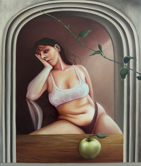 Painting of a woman sitting in a chair facing a mirror with her hand to her face looking away. In front of her is a green apple on a wooden table and a plant vine cross the mirror.