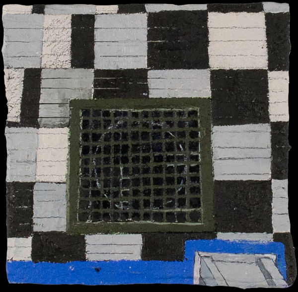painting of a grate with a black and white checker behind it
