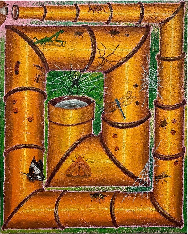 Paul Gagner painting of a telescope bent in a spiral looking at a spider