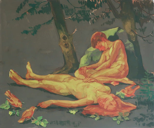 painting sketch of two nude girls, one bleeding, on the forest floor