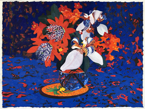 painting of red and white flowers in a glass vase against a deep blue and red patterned background