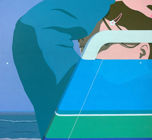 painting by artist Adrian Kay Wong depicting a woman wearing a teal sweatshirt reclining in a blue and green striped lawn chair with her arm obscuring her face, in the background is an overcast sky and ocean waves