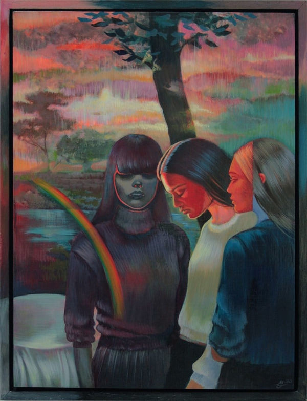 Painting of three women looking down and away from each other with a forest like background and rainbow