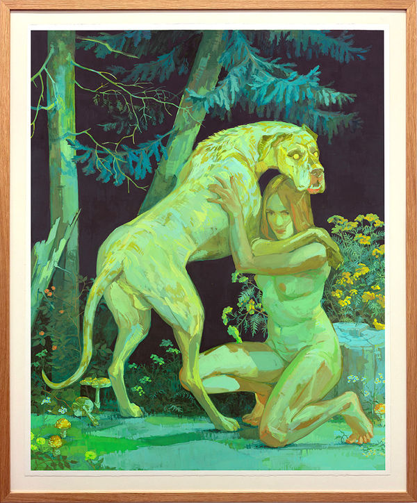 a large dog with its paws on the shoulders of a kneeling nude girl. The dog and girl are in the forest