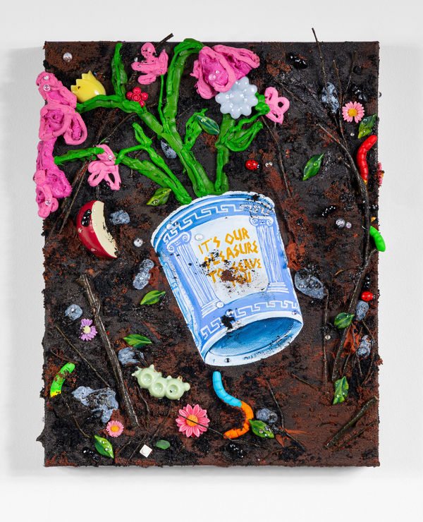 Three dimensional painting with mixed media of a blue togo coffee cup with pink flowers in it on a textured dirt ground with plastic toys surrounding it including an apple slice, bugs, worm and a flower barrette