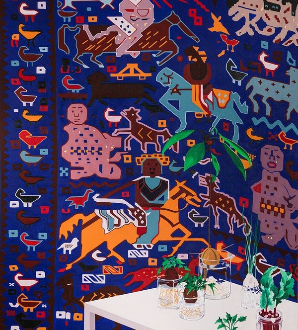 Painting of a white table with several plants in short clear jars. Behind the table is a tapestry or rug with several indigenous designs on it depicting people on horses and birds or chickens.