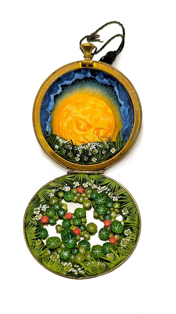 hand-cut watercolor collage in antique cosmetic compact by Shannon Taylor