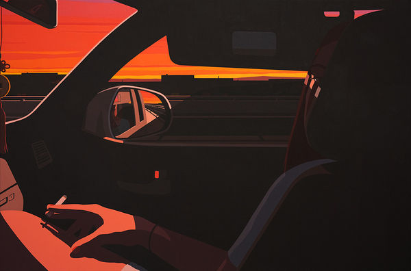 painting by artist Adrian Kay Wong depicting the interior of a car, with a woman sitting in the passenger seat smoking a cigarette. Her face is obscured by the headrest, and visible outside the window is a bright orange and red sunset