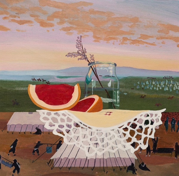 Surreal painting of a giant grapefruit that has been cut in halves on a white dolly. There is a giant clear jar with lavender behind the fruit. This is resting on top of white platform that miniature people are surrounding. The people appear to be working in some sort of field.