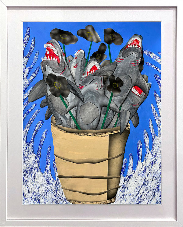 framed David heo collage of a bouquet of sharks