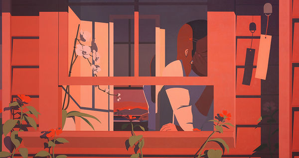 painting by artist Adrian Kay Wong depicting layered composition of a house exterior's windowsill, with red roses growing in front of it and a wind chime swaying. A woman sits in front of the window, with her face resting in her hand, obscured by a portion of the window pane. Besides her is a white orchid plant