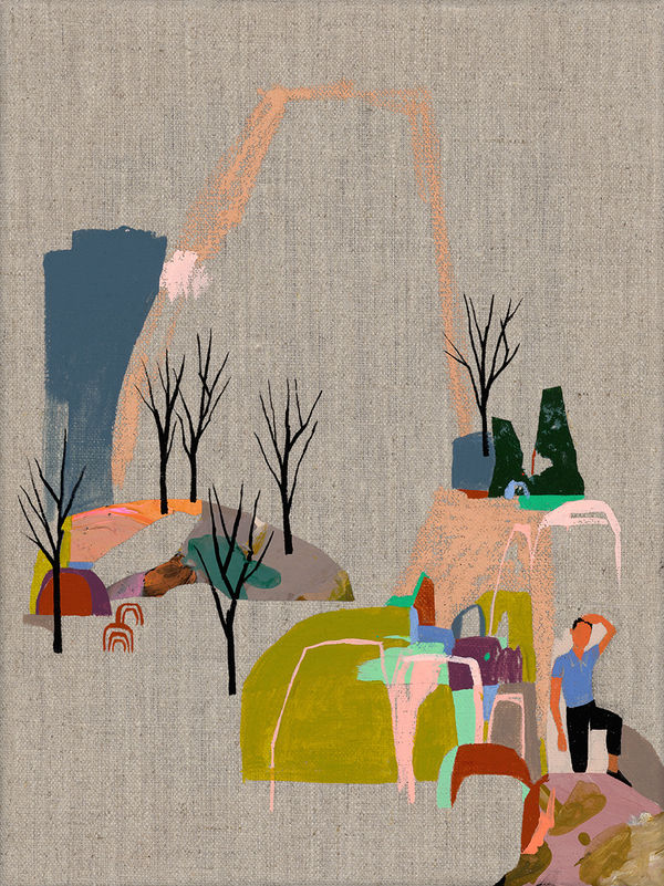 Seonna Hong "Chronometry" – abstract landscape with small figures and trees in foreground