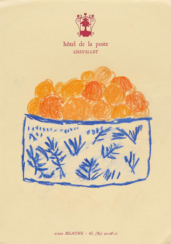 Drawing of a bowl of oranges on hotel stationery