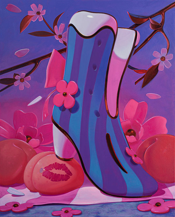 Megan Ellen MacDonald "Pressure to Perform" oil painting of blue striped boot resting on peach with lipstick kiss