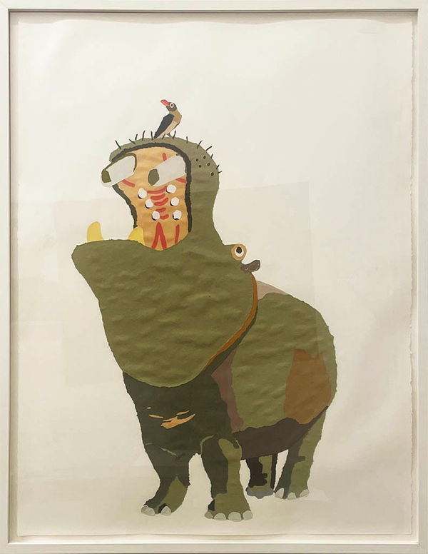 Colored paper collage of a hippo with a bird on its nose
