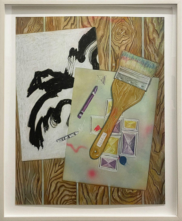 Drawing on paper of a paintbrush and two works of art