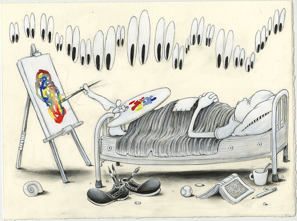 Drawing of a person sleeping in a bed while painting on a canvas with their toes