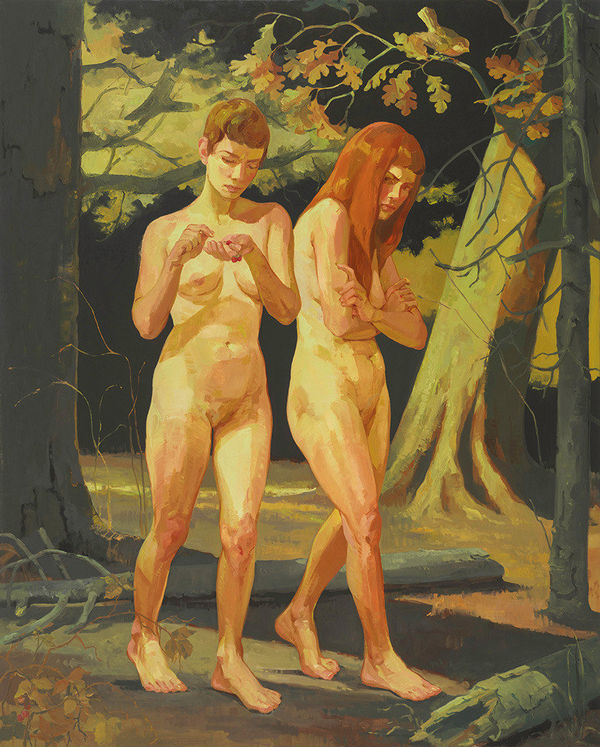 two nude girls walking through the woods