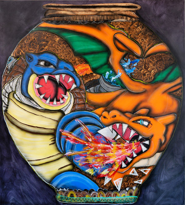 painting of a vase depicting pokemon characters fighting