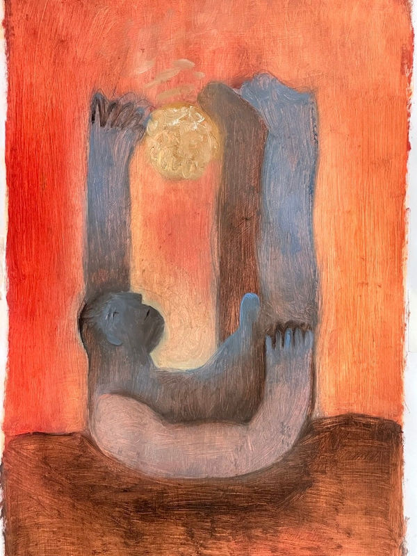 Carlos Rodriguez - painting on paper of a nude man with his body bended facing upwards. between his legs and left hand circled the sun.