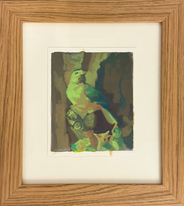 framed painting of a bird sitting on a twig above two baby birds