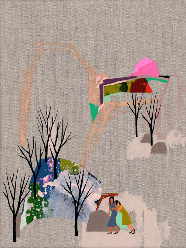 Seonna Hong "Heavy Mental" - abstract landscape with small figures and trees in foreground