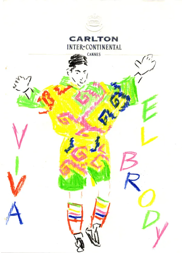 drawing by Michael McGregor or person in colorful outfit with text "Viva el Brody" on Carlton hotel stationary