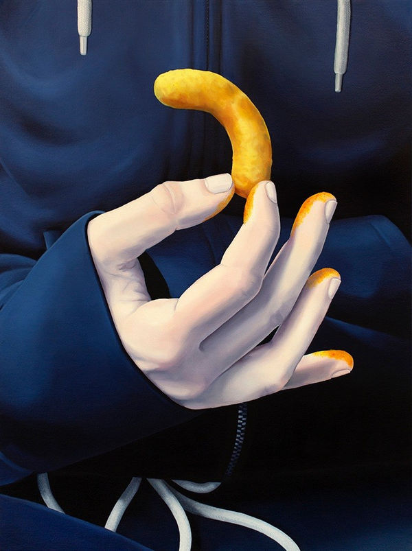 Painting of a persons hand and torso holding a Cheetos puff in between their pointer finger and thumb with Cheetos dust on their finger tips. They are wearing a dark blue hoodie with white strings
