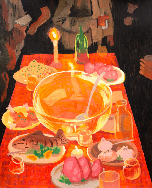 Painting by Nicholas Bono Kennedy of an orange dinner table with various foods and figures around the table