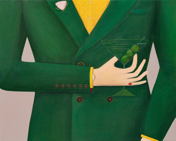 Painting of a woman in yellow shirt and green jacket holding a martini with three olives in it.