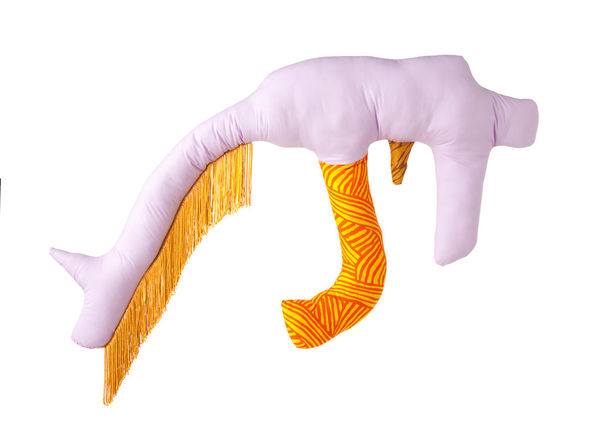 Natalie Baxter soft sculpture of gun in purple and orange