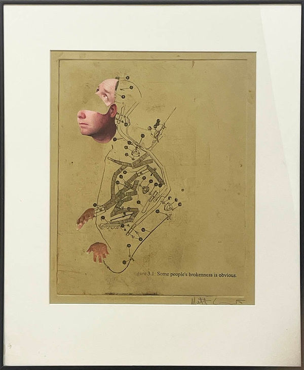 Collage made from a photo of a person's face and hands with black lines