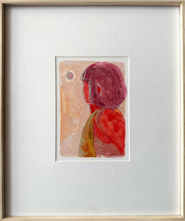 Framed painting on paper of a woman with red skin and pink hair looking at the moon