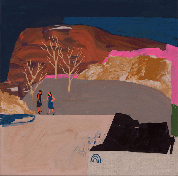 Painting of a landscape comprised of various color-blocked shapes, marbled paint, bare trees, and two figures by Seonna Hong