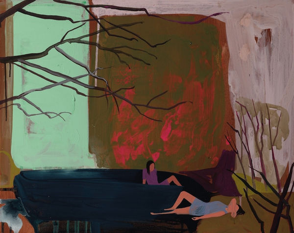 Painting of brown tree branches above two figures laying