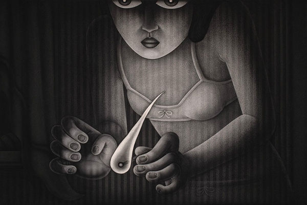 black and white painting of a girl holding a lit match