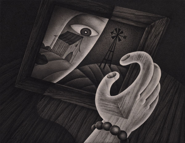 black and white painting of a girl looking at a picture frame