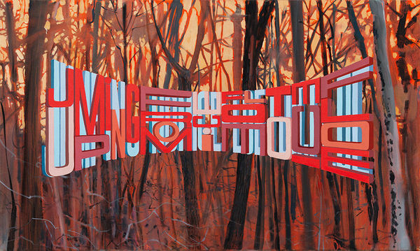 Painting with bare trees in the background on a yellow red sky in the foreground is the words Jumping From Ice Floe to Ice Floe in red and blue